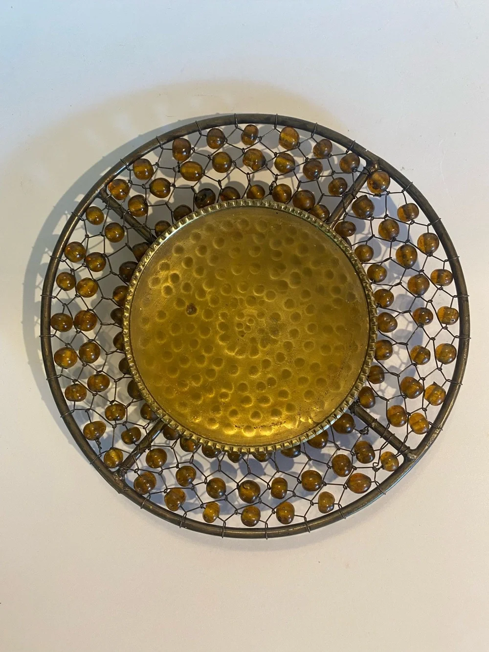 Vintage Amber Glass Bead & Wire Mesh Pillar Candle Holder Hammered Brass Well